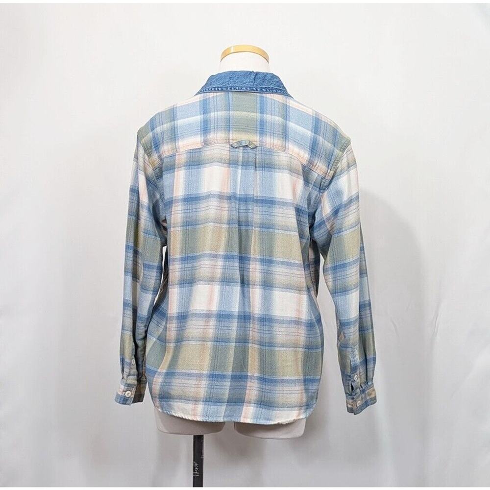 Vintage 90s Blouse Blue Pink Green Flannel Plaid Denim Collar Size Petite Small - Picture 4 of 7